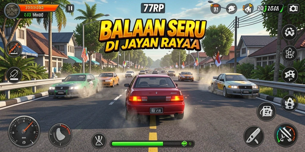 Screenshot gameplay menunjukkan balapan seru dengan mobil yang melaju cepat.