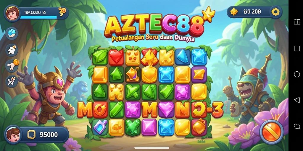Tangkapan layar gameplay AZTEC88 menunjukkan momen pencocokan permata yang mendebarkan.
