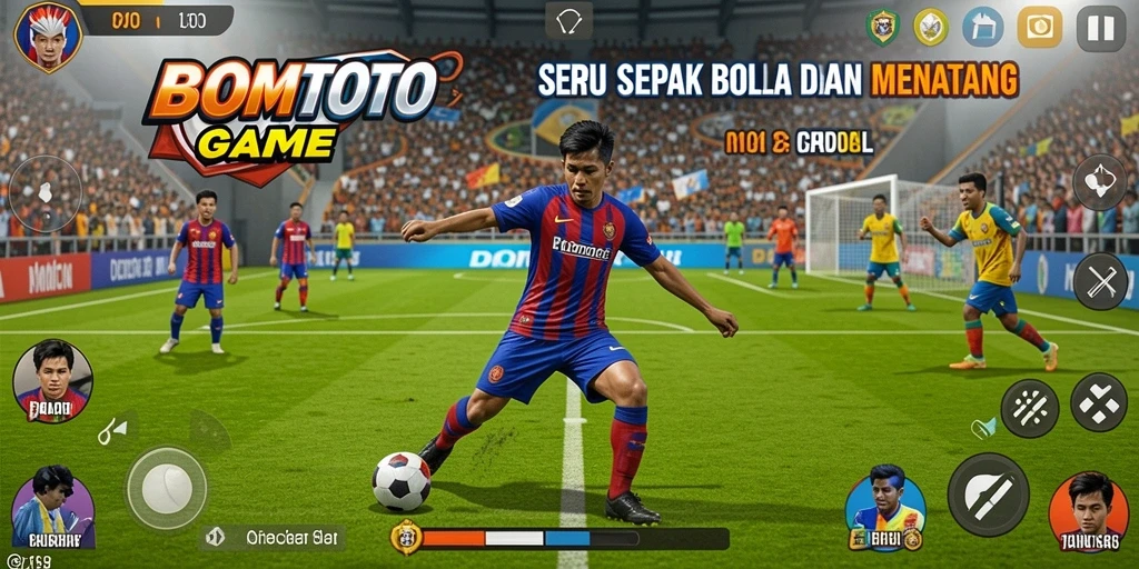 Tampilan gameplay seru dalam BOMTOTO, menampilkan aksi sepak bola.