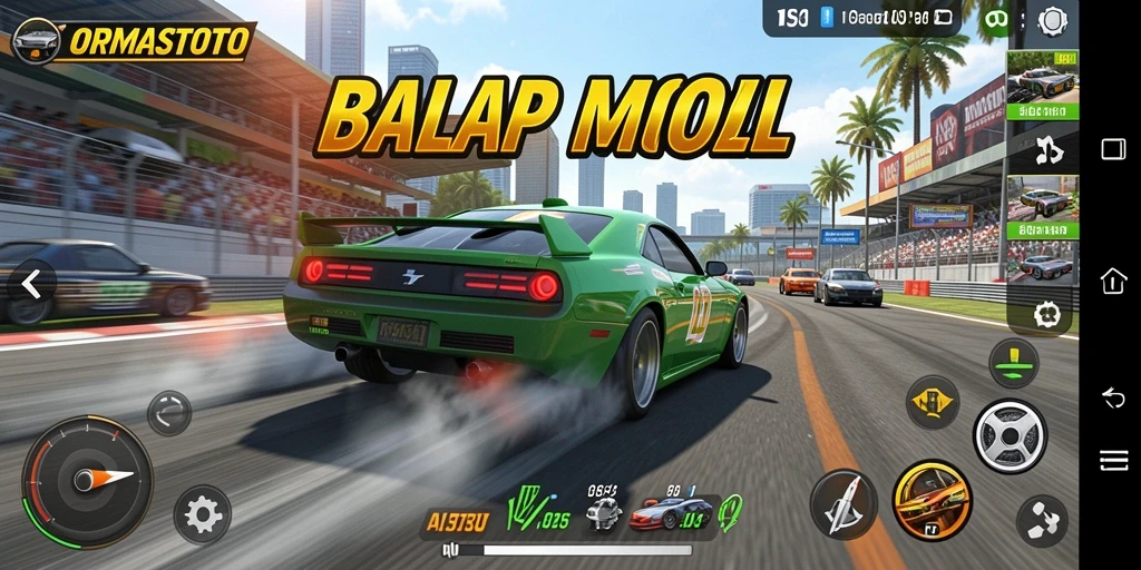 Screenshot gameplay ORMASTOTO menampilkan aksi balap yang mendebarkan.