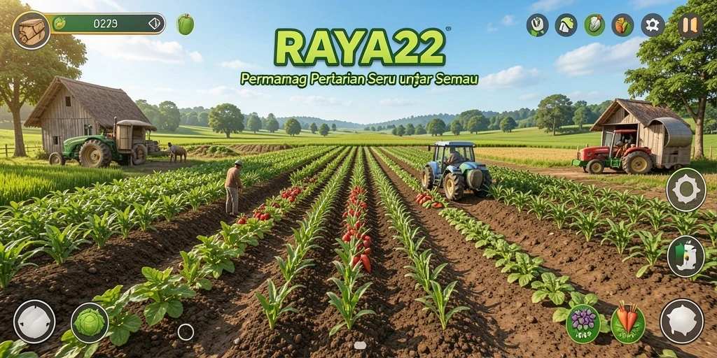Tampilan gameplay <strong>RAYA22</strong> dengan ladang yang subur dan berbagai jenis tanaman.